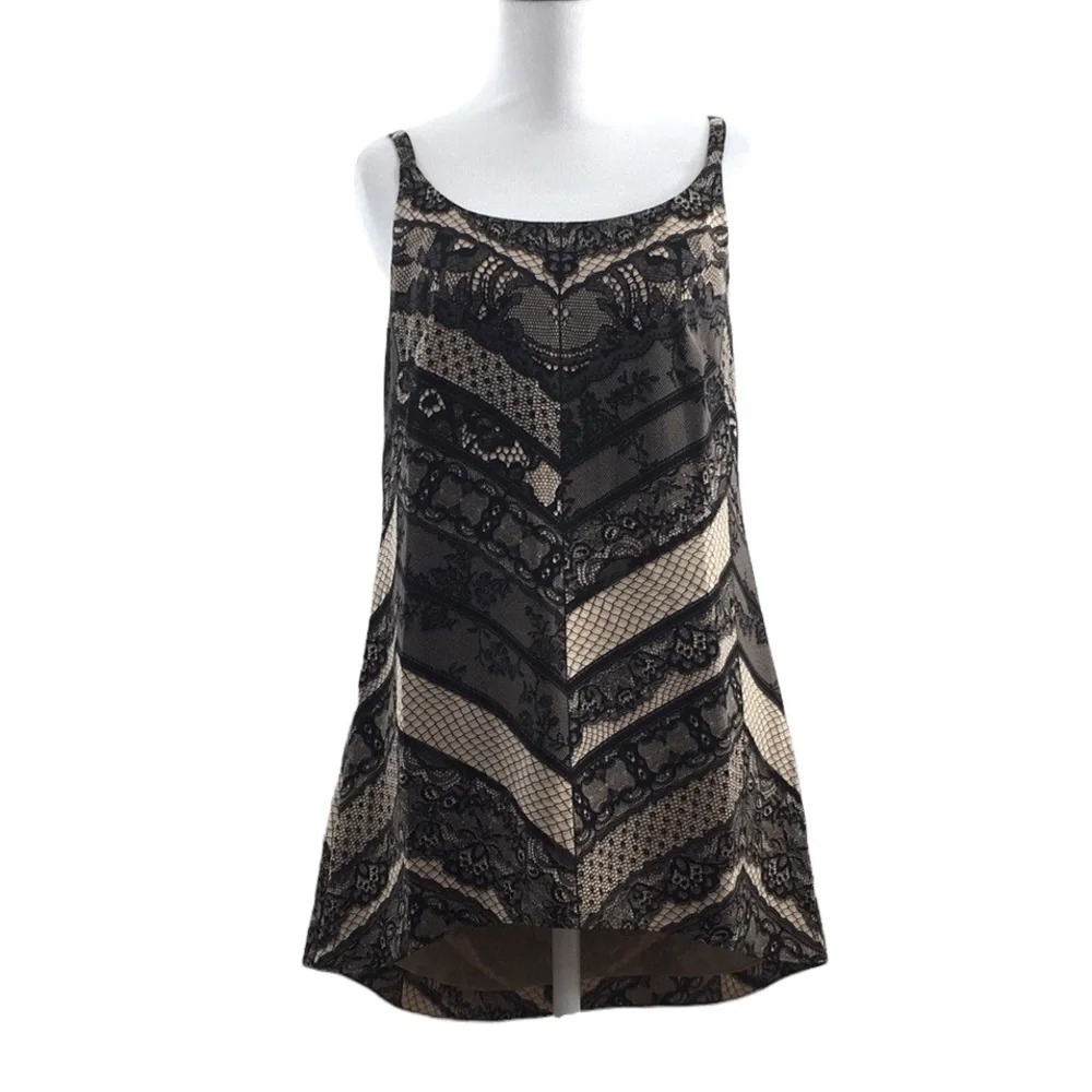 Cabi Black Tan Monacco Cami Lace Tunic Top Womens XS Chevron Stripes